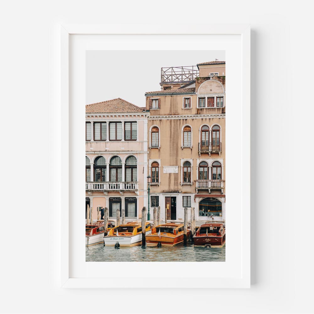 Canvas print featuring 4 taxi boats in Venice, Italy - Ideal for wall art and home decor.