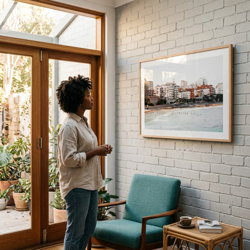 A woman stands in a bright room beside large glass doors, looking at a framed coastal cityscape print hanging on a white brick wall above a teal armchair.