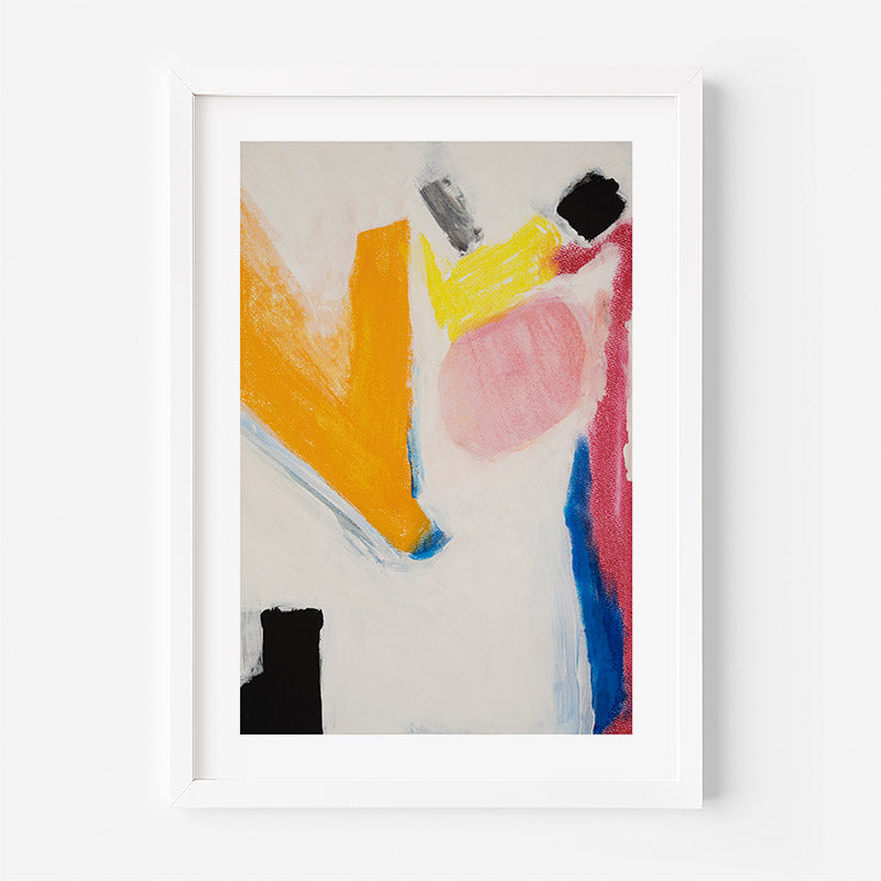 Abstract art print with colorful shapes on a white background