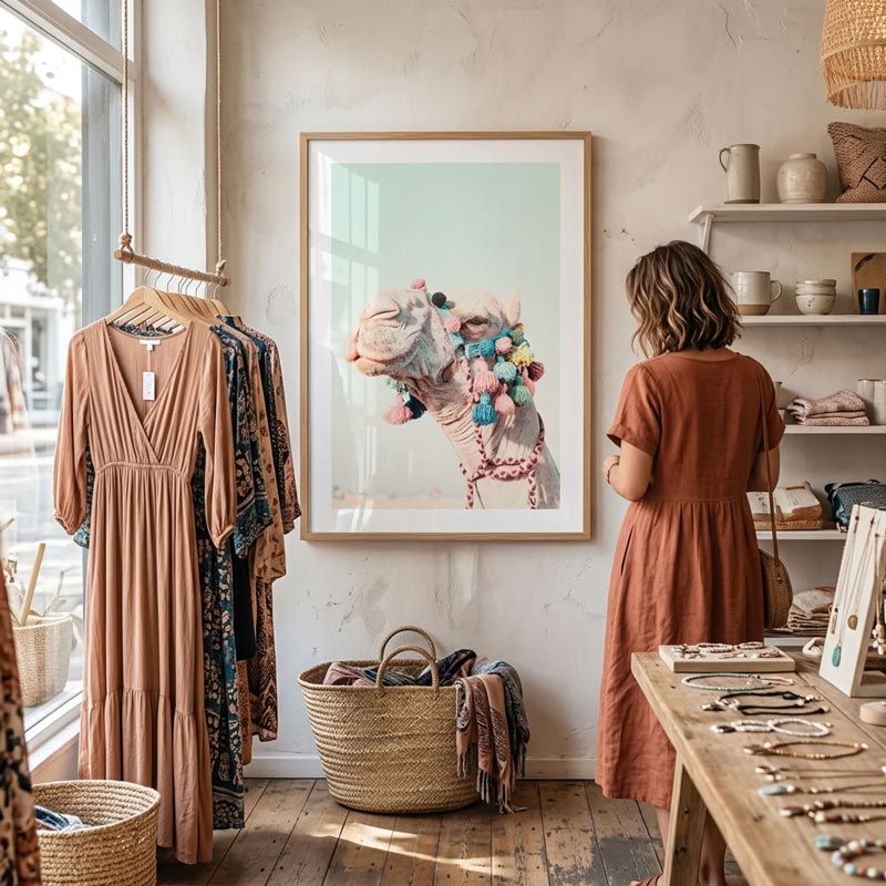 A framed art print featuring a whimsical camel illustration hangs on a textured cream wall in a boutique. A woman in a rust-colored dress stands in front of the print, while other clothing items hang on a rack to the left and shelves with ceramics are visible on the right.
