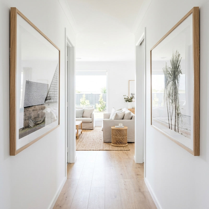 Modern interior with framed artwork on white walls, leading to a living room.