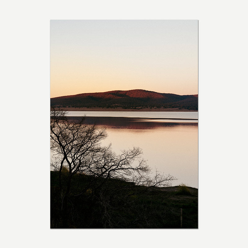 Silhouette of a tree by a lake with mountains in the background during sunset.
