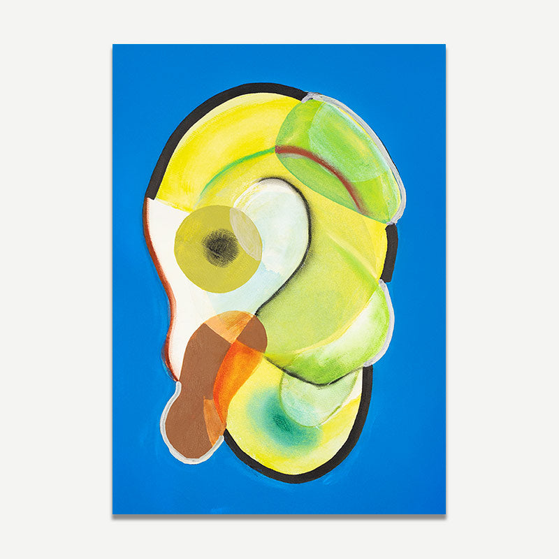 Colorful abstract art piece on a blue background