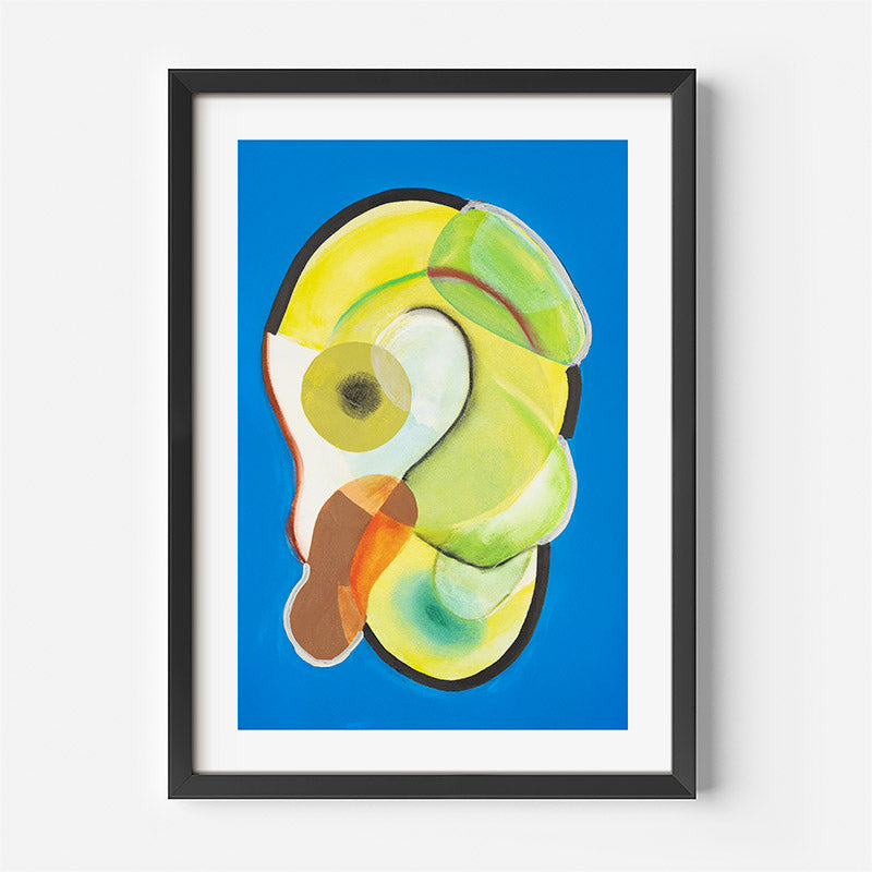 Framed abstract artwork with colorful shapes on a blue background