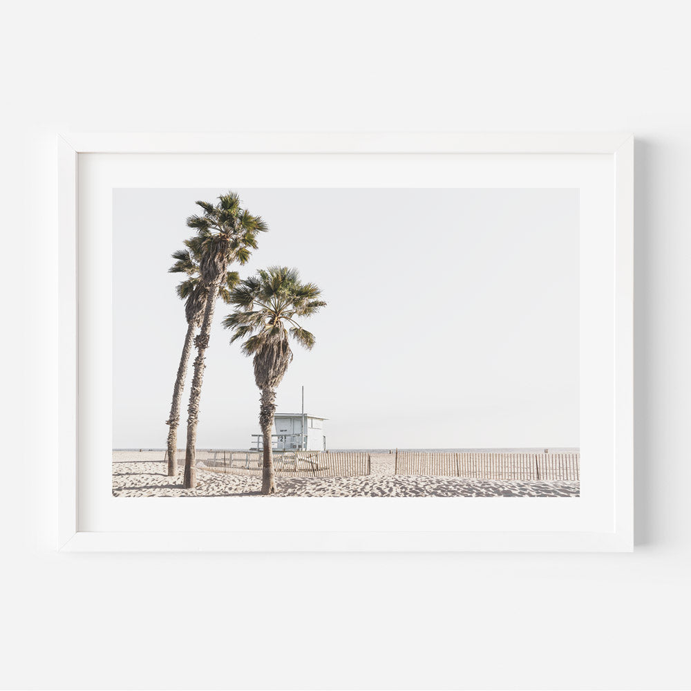 Beautiful palm trees and distant lifeguard hut at Ocean Park Beach, California - perfect for canvas wall art.