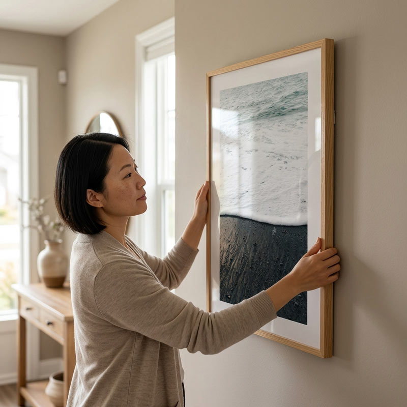 A woman in a beige long-sleeve top hangs a large framed landscape photograph on a beige wall in a bright, modern room. The print depicts a black sand beach meeting white ocean waves, framed in a light natural wood with a white mat.