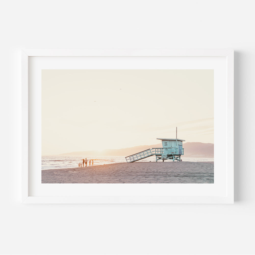 Blue Beach Hut wall art of Santa Monica beach in warm tones from OblongShop, perfect for living room wall art decor.