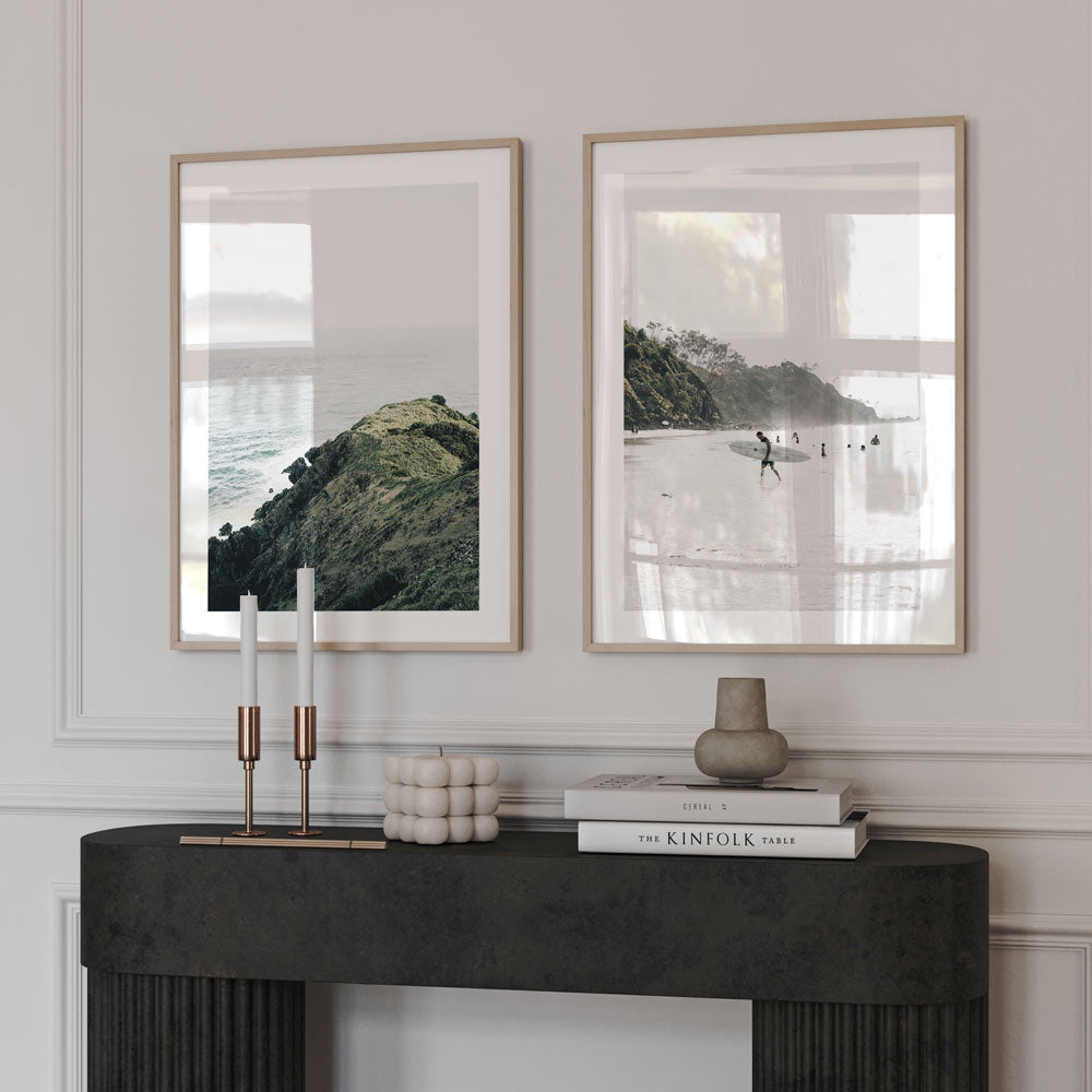 Capture the essence of North Wategos, Byron Bay, with this original photography print featuring a man and his skateboard.