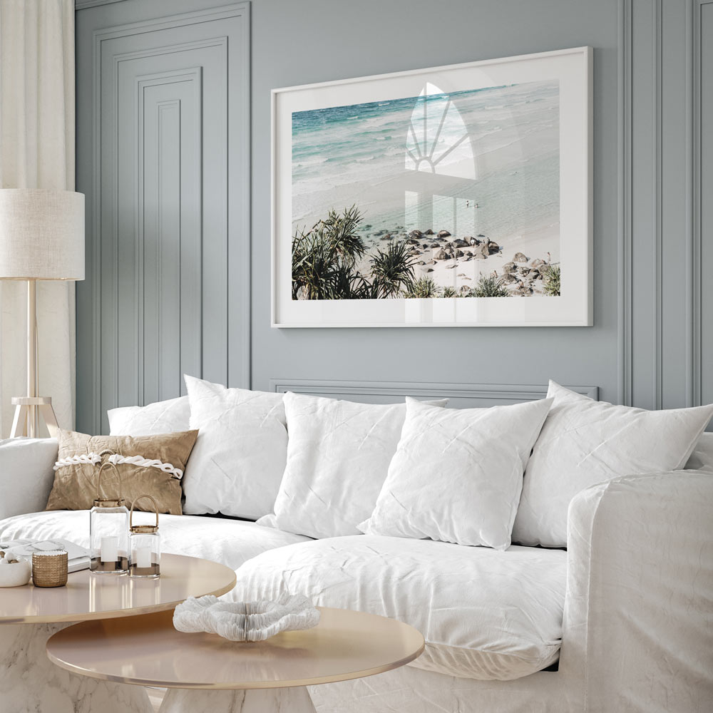 Nature art print capturing a sun-drenched summer scene from a high viewpoint over Rainbow Bay