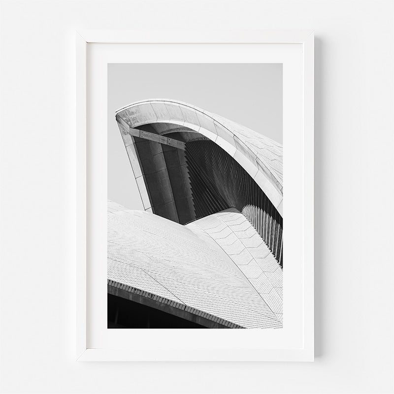 Framed black and white architectural print on a white background