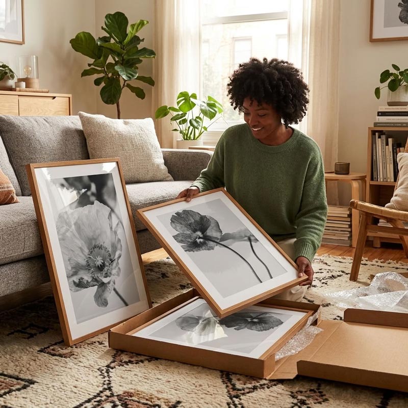 A woman in a green sweater smiles while unpacking framed black-and-white botanical art prints in a warm, modern living room with a gray sofa and plants.
