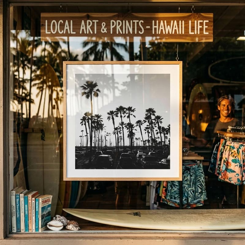 A framed black and white art print featuring a row of palm trees is displayed on a shop window. The sign above the window reads 'LOCAL ART & PRINTS - HAWAII LIFE', and the interior of the boutique is visible behind the glass, including surfboards and colorful patterned garments.