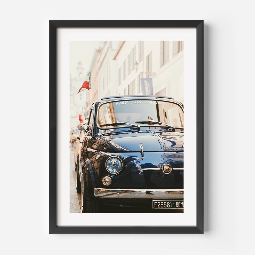 Explore the charm of Rome with this captivating image of a Blue Fiat - Great for wall artwork.