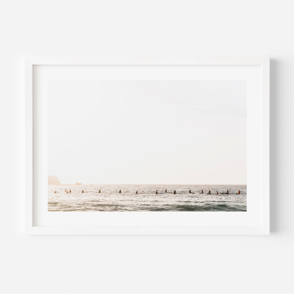 Bondi Beach surfers at sunrise coastal wall art print