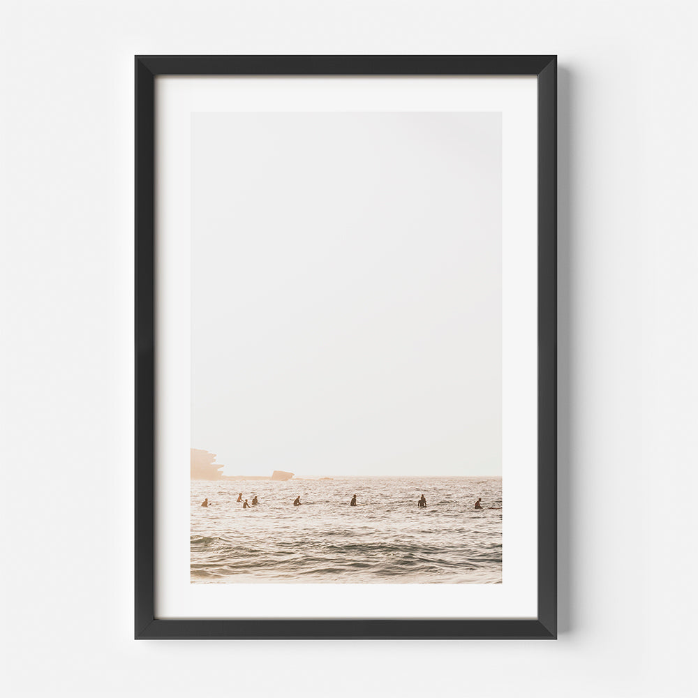 Framed Nature art photography of Bondi surfers with calming ocean energy, perfect for coastal-themed rooms