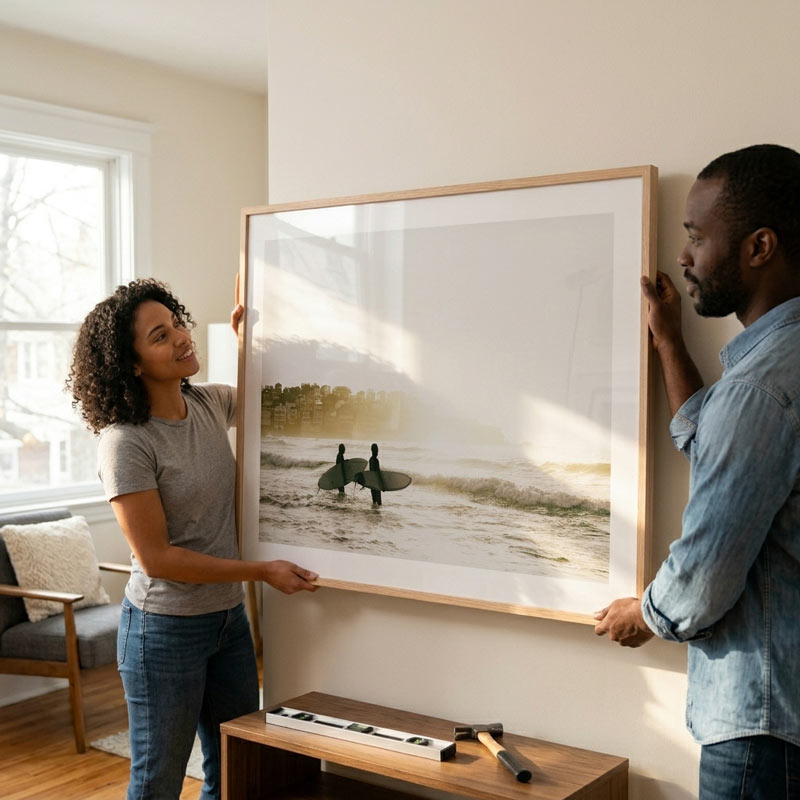 A couple in a modern living room helps hang a large framed beach photograph on the wall. The print shows two surfers walking into the ocean at sunrise, with warm sunlight streaming across the scene.