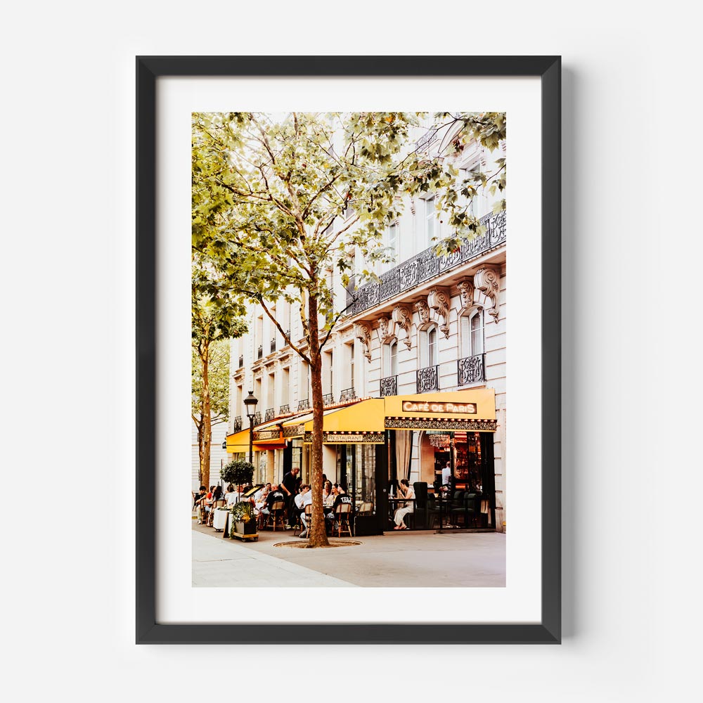 Charming Paris café scene with detailed menu stand and elegant design, ideal for wall artwork or art prints.