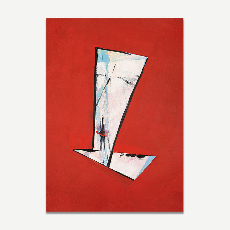 Abstract art piece with geometric shapes on a red background