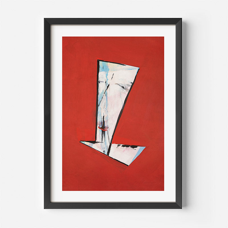 Framed abstract art piece with a red background and geometric design.