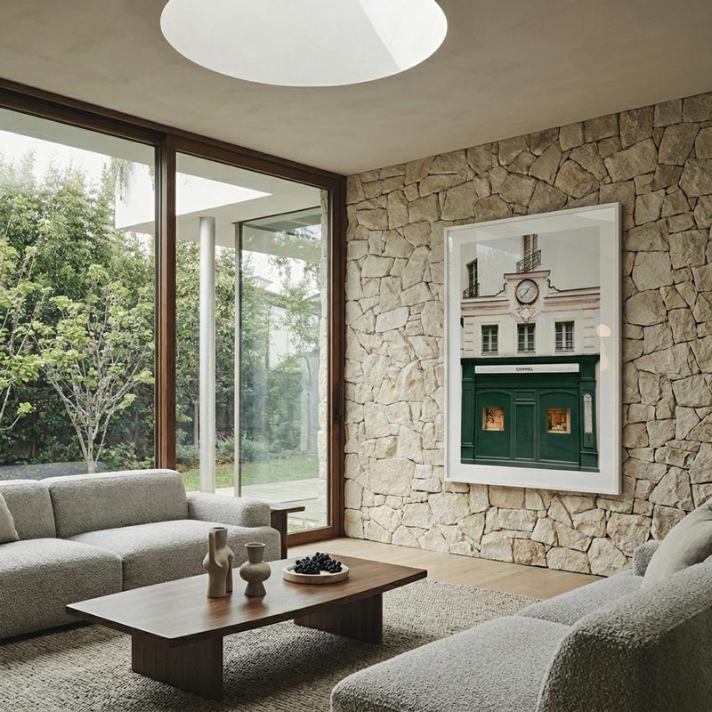 Modern living room with stone wall, large windows, and a framed picture.