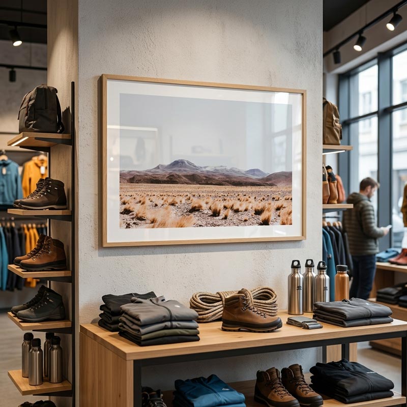 A framed landscape art print depicting a desert scene with mountains, displayed on a wall in a retail store setting with clothing and boots on shelves.