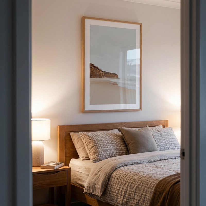 A framed landscape art print hangs on a beige wall above a neatly made bed with wooden headboard and textured beige bedding, viewed from an open doorway with a bedside lamp lit.