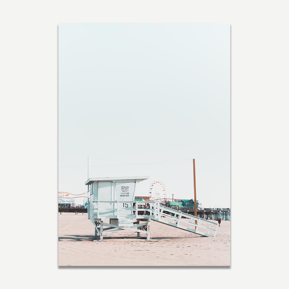 Santa Monica lifeguard hut captured on canvas, perfect for home decor and wall paintings.