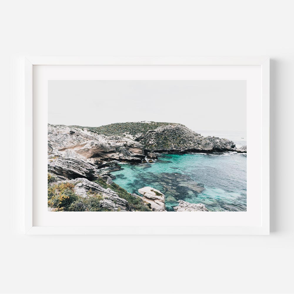 Coastal Beauty: Stunning view of Fish Hook Bay in Rottnest Island, Western Australia, perfect for coastal-themed wall decor.