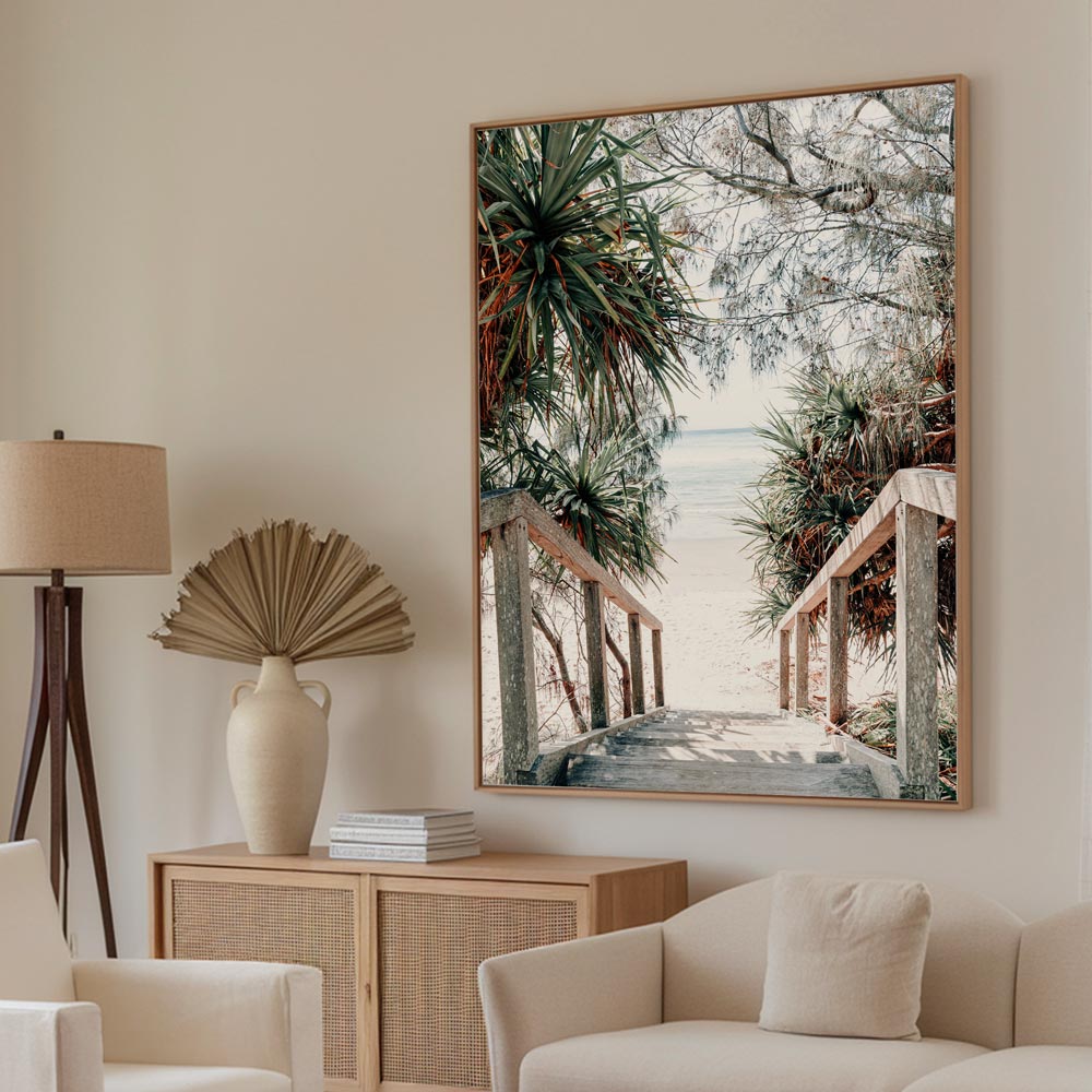 Nature art print capturing sunlit Wategos stairway in Byron Bay framed by native vegetation