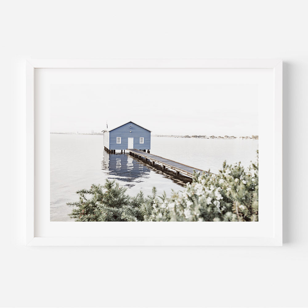 A framed print featuring a blue boatshed at the end of a pier, with coastal vegetation in the foreground and a calm body of water in the background.