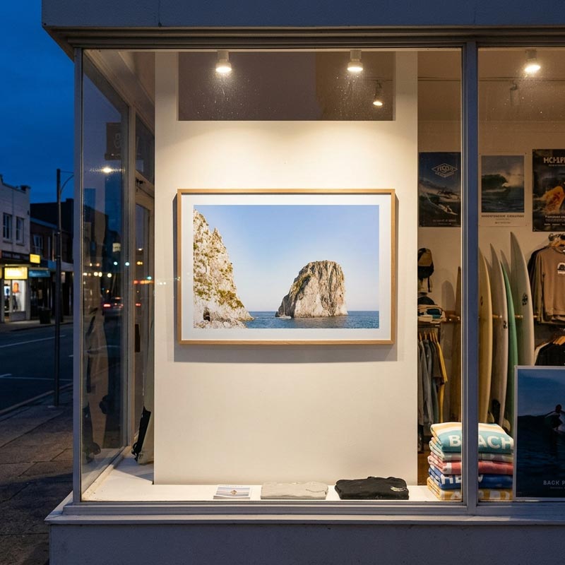 A framed coastal landscape print of a sea stack and cliffs is displayed on a white wall inside a storefront window, with surfboards, folded shirts, and store fixtures visible around it at dusk.