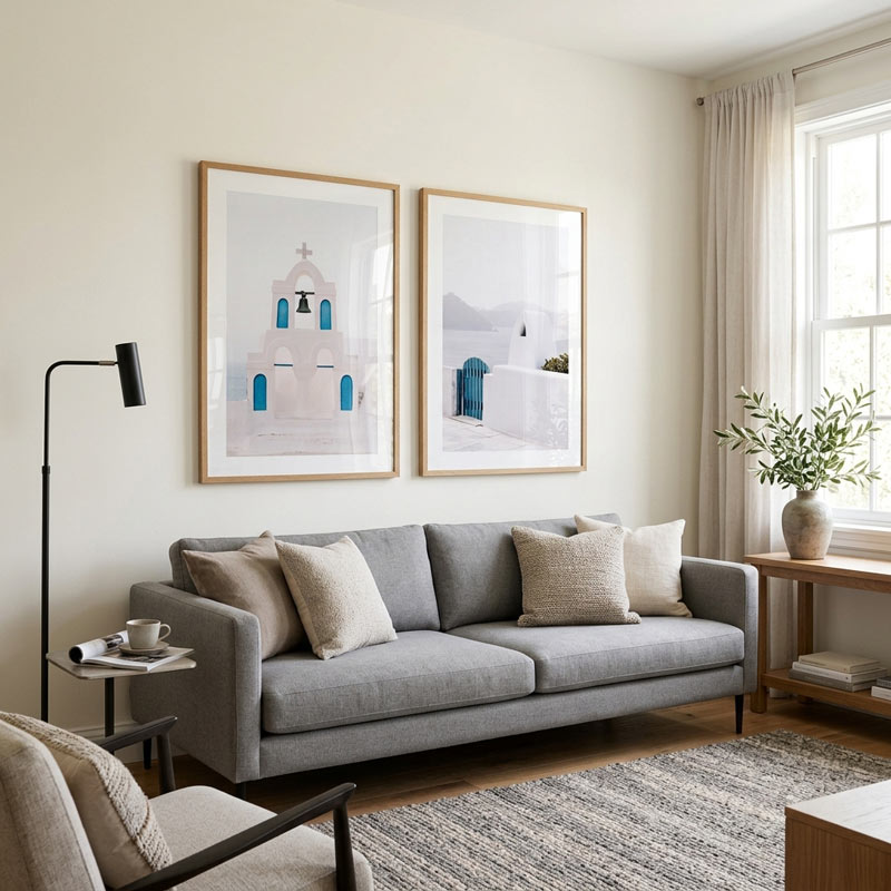 A styled living room featuring two framed minimalist art prints of white buildings with blue accents hanging above a gray fabric sofa with neutral throw pillows.