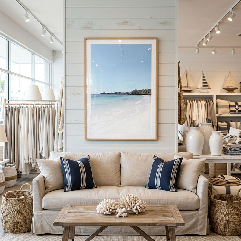 A framed beach landscape art print hangs on a white shiplap wall above a beige sofa with navy striped pillows in a styled living room setting.