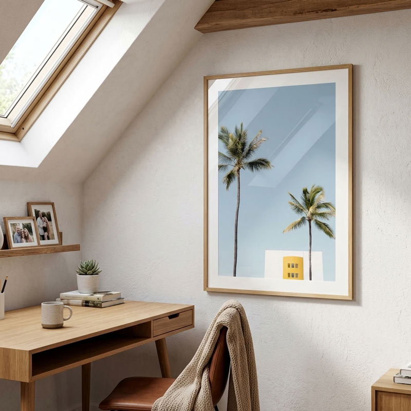A framed art print featuring two palm trees against a light blue sky, hung on a white wall in a modern, sunlit attic room with a wooden desk and slanted skylight.