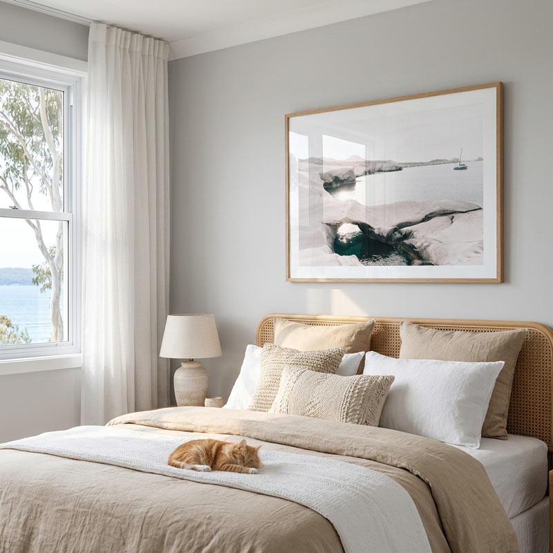 A styled bedroom interior with a bed dressed in beige and white linens, a small orange cat resting on the duvet, a bedside lamp, a window with sheer curtains, and a large framed abstract coastal print on the wall.