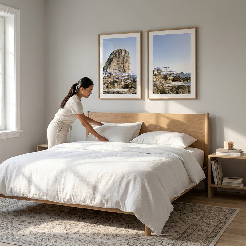 A woman in a white outfit is adjusting the pillows on a light wood bed with white bedding, set in a bright, modern bedroom with two framed landscape prints on the wall.