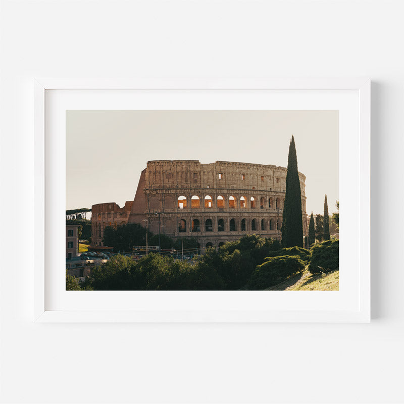 A framed photographic print of the Colosseum in Rome, featuring a warm sepia-toned sunset view with green cypress trees in the foreground, presented in a white frame against a light gray wall.