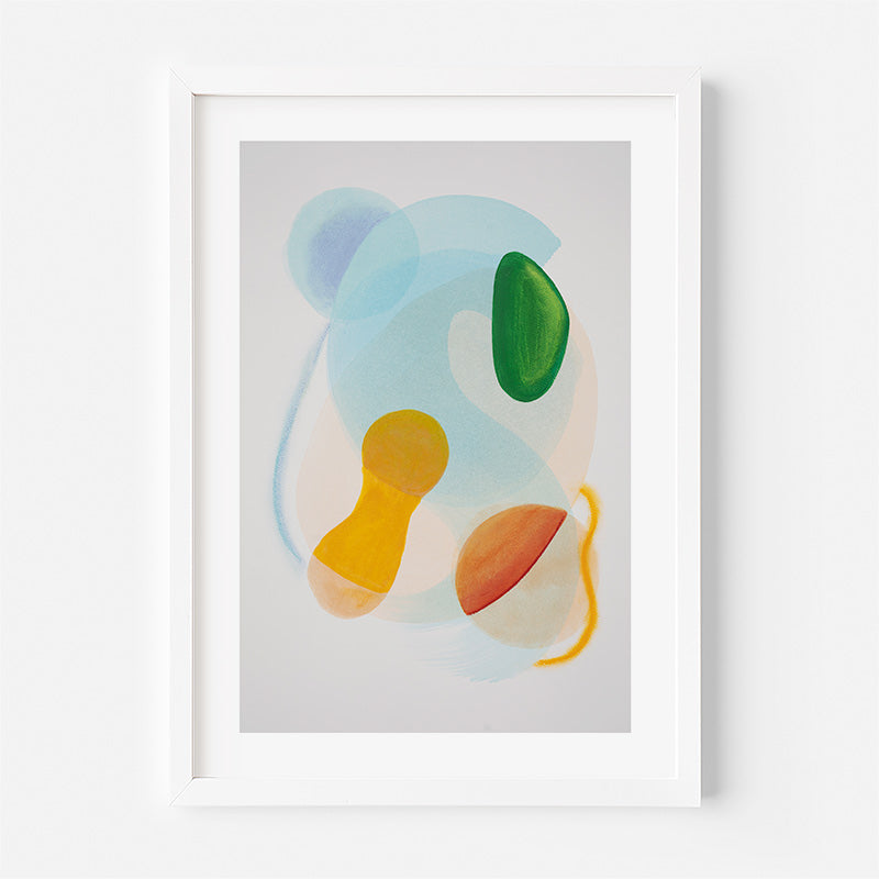 Abstract art print with colorful shapes on a gray background, framed in white.