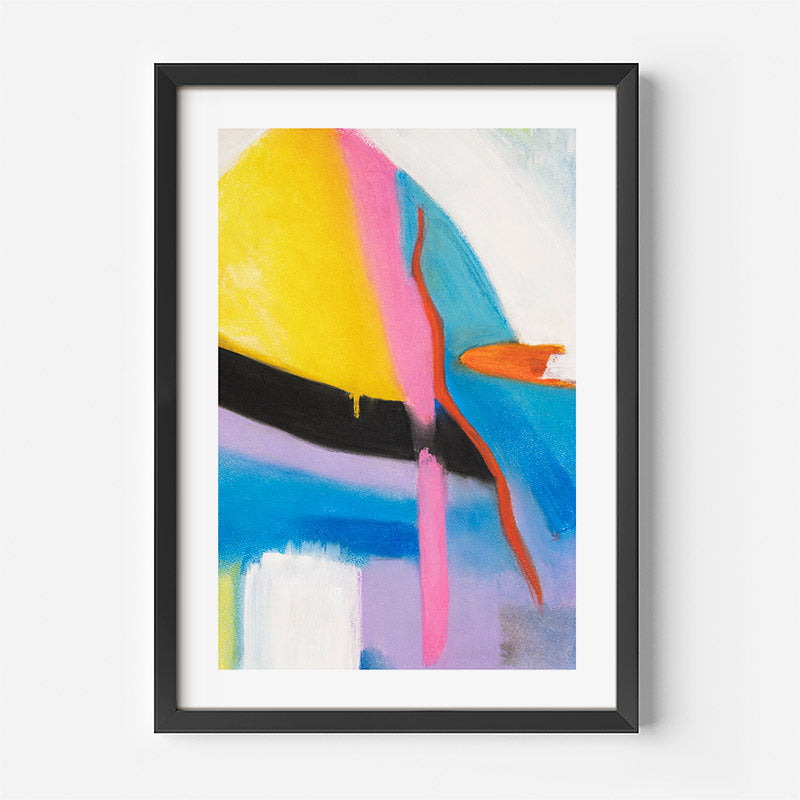 Framed abstract artwork with colorful shapes on a white wall