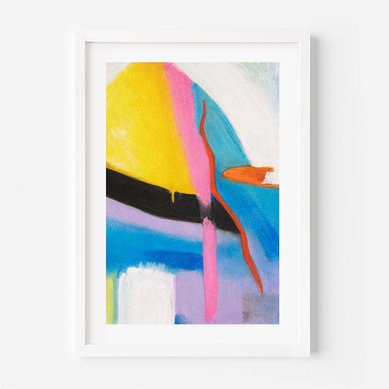 Abstract art print with colorful shapes in a white frame on a white background