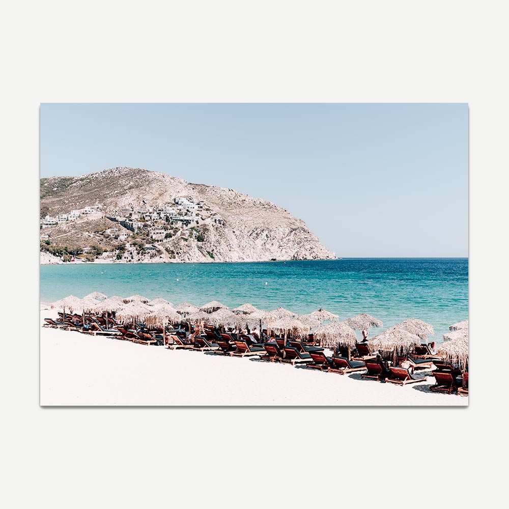 Photo Art of Boho Style Beach Umbrellas and sundeck on the beach in Mykonos
