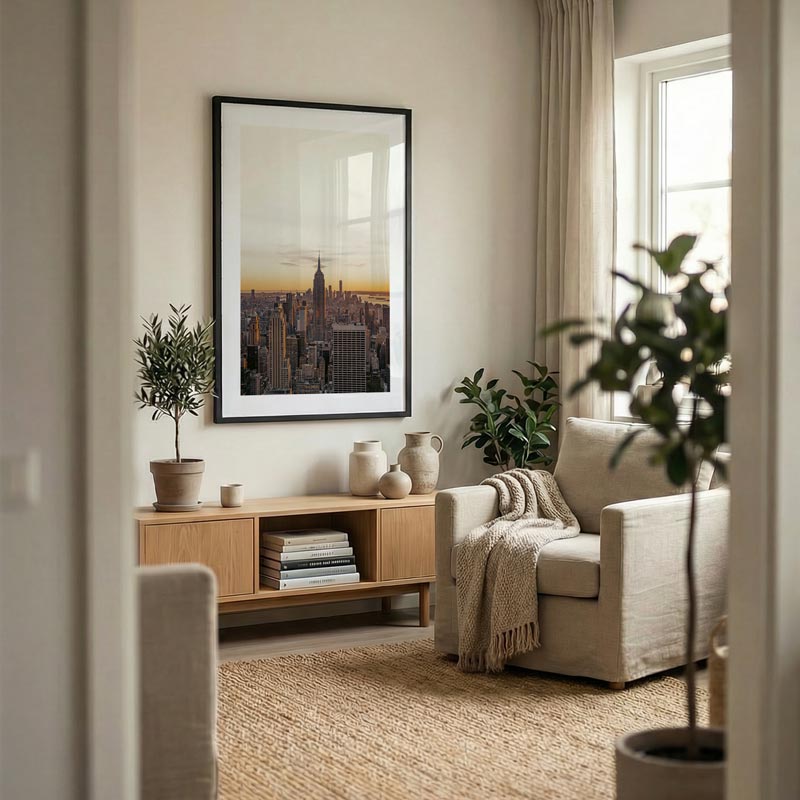Living room with a cityscape print, wooden cabinet, and beige armchair.
