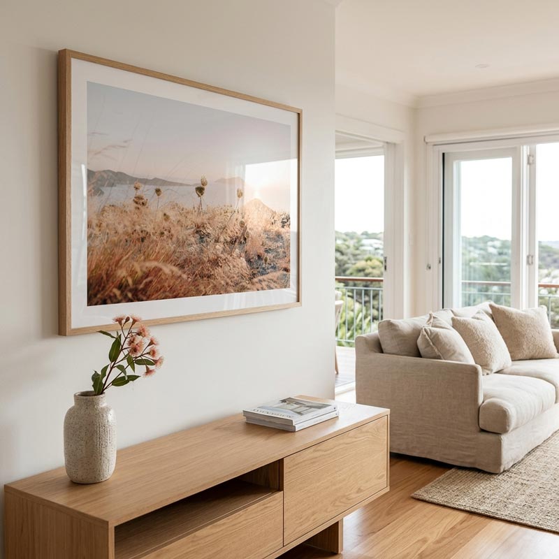 A large framed landscape photograph of a dry grassy field at sunset hangs on a white wall in a bright, modern living room. Below the frame is a light wood console table with a textured vase of pink flowers and a stack of magazines, with a beige sofa and large windows in the background.