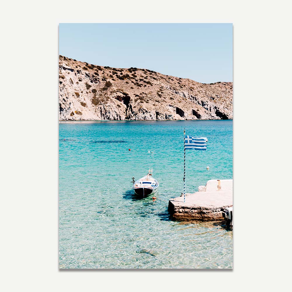A photo print of a boat in water and greek flag