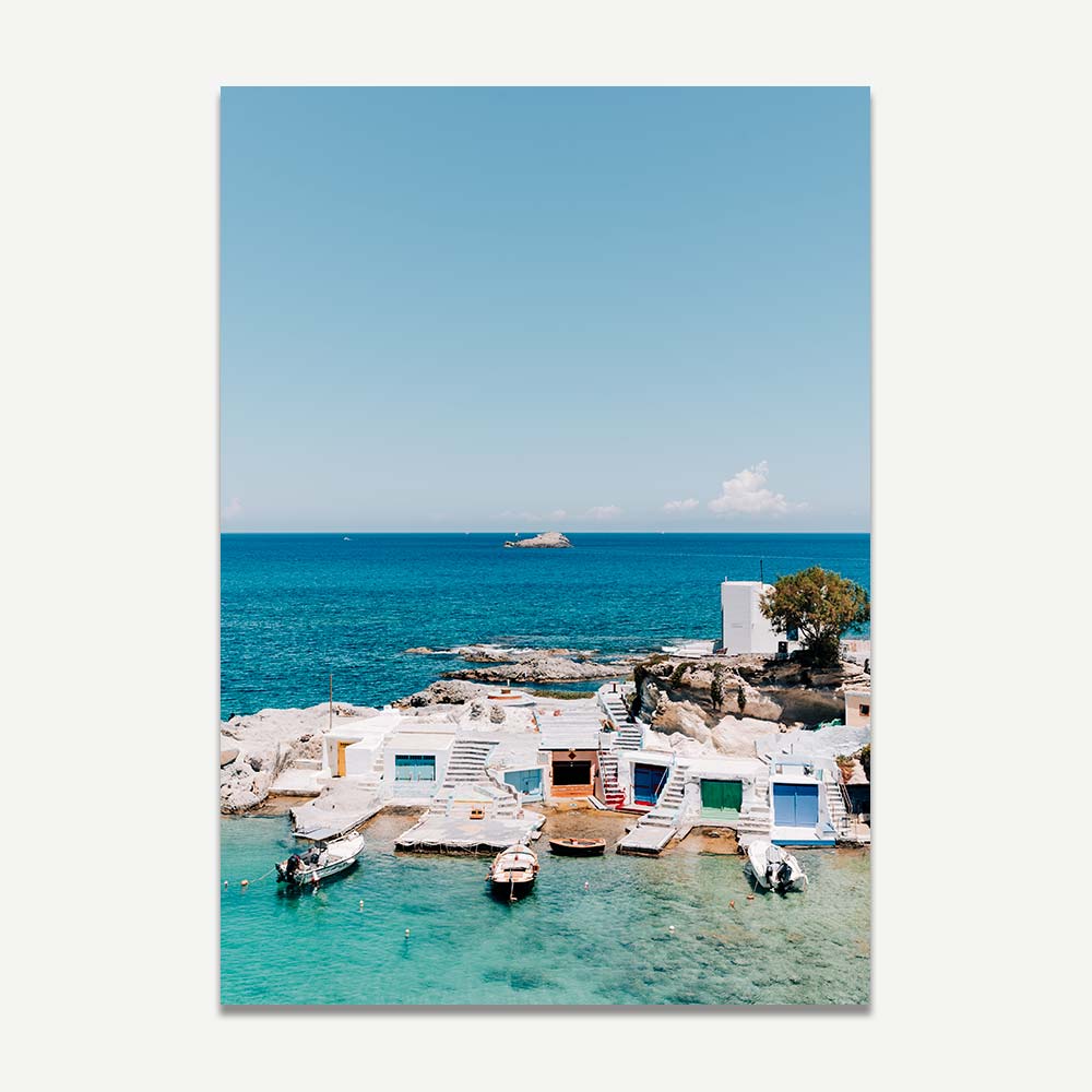 Colourful fishing boats and boathouses in Mandrakia village on Milos Island – coastal wall art print