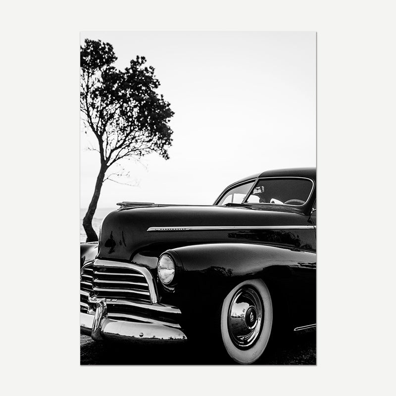 Black and white classic car with a tree in the background