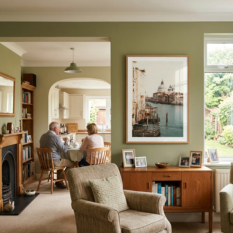 A large framed art print depicting a Venice canal scene hangs on a sage green wall in a cozy, well-lit living room. The room features a mid-century modern wooden credenza, a textured beige armchair, and a fireplace in the background with a couple seated at a dining table.