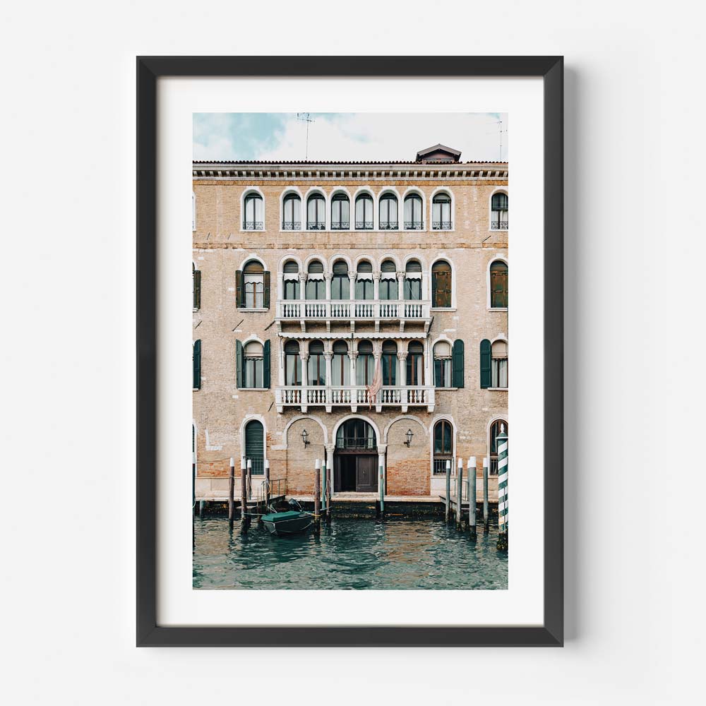 Venice's Green Poles against the backdrop of the city's stunning waterfront - Elevate your space with original photography prints.