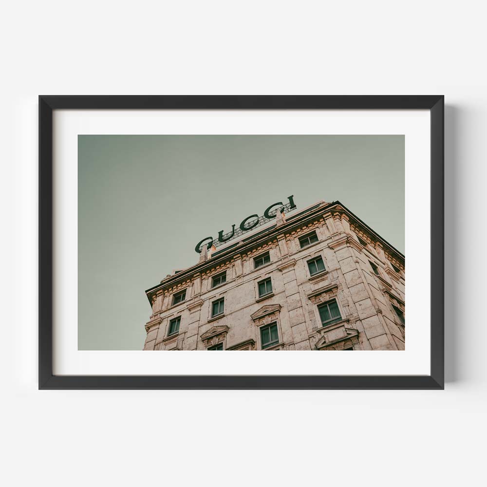 Experience the elegance of Milan with this framed photograph of the Gucci Sign - perfect for art gallery displays.
