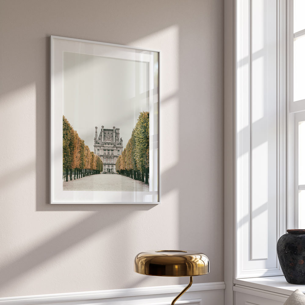 Captivating wall artwork featuring a Parisian building in Jardin des Tuileries, Paris - available at Oblongshop.